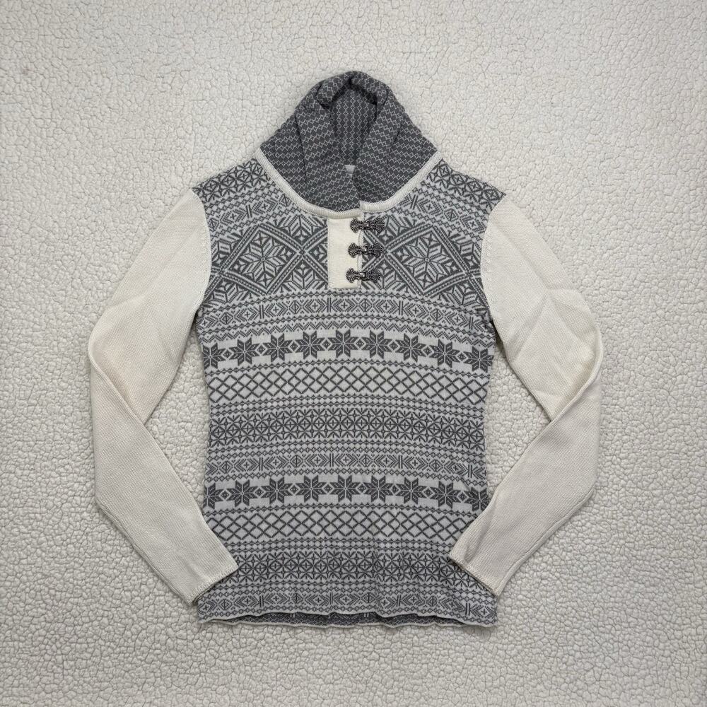 Obermeyer Merino Wool Blend Nordic Fair Isle Grey White Ski Sweater Womens Small